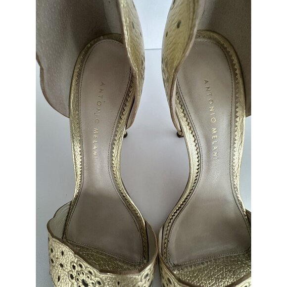 ANTONIO MELANI Wmn Strappy 3" Heel‎ Sandals 8.5M Gold Cutout Leather Glam Fairy - Picture 14 of 15